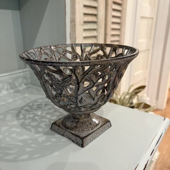 Cast Iron Grey Bird Branch Pedestal Planter Decorative Freestanding Basket - Picture 5 of 6